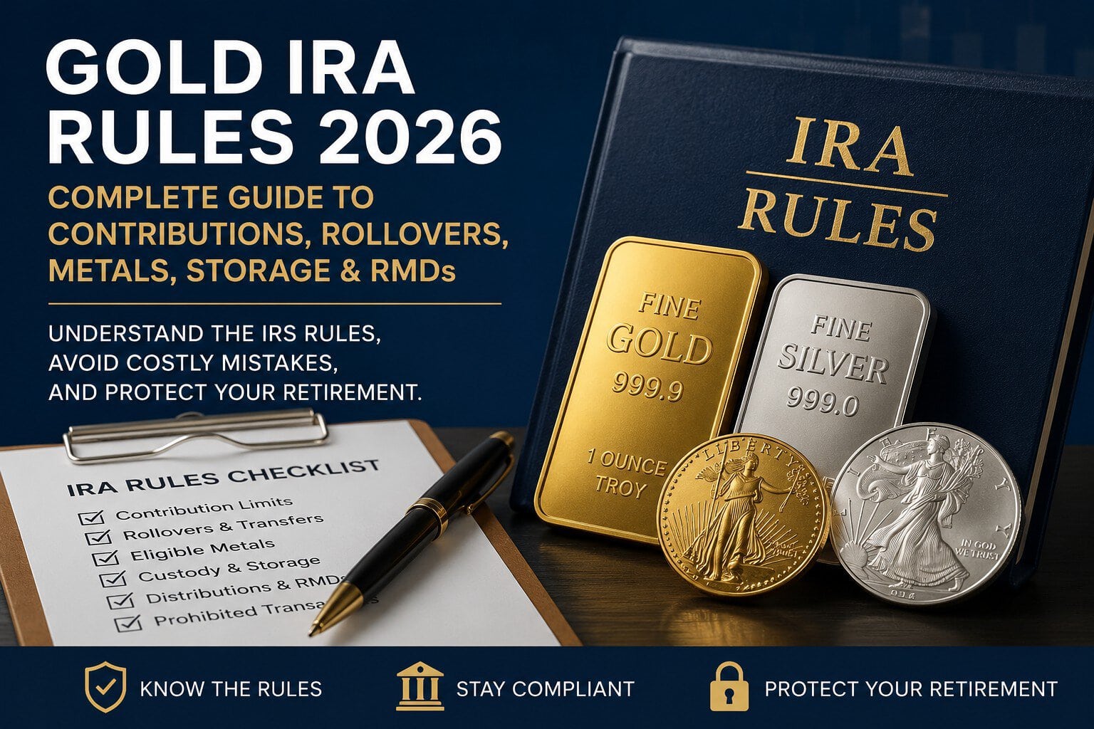 Gold IRA rules and requirements for 2026 with IRA metals, rollovers, storage, and RMD checklist