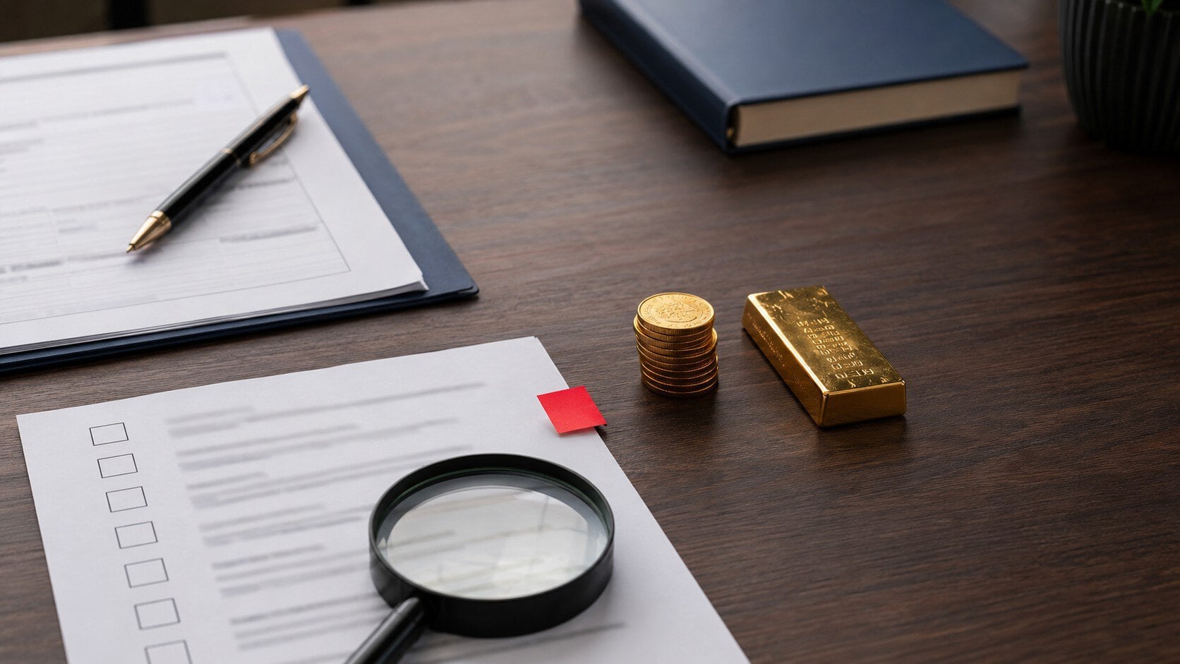 Gold IRA scams red flags checklist with precious metals and retirement account documents