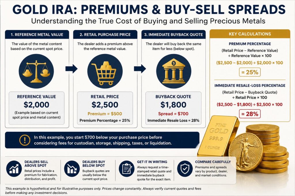 Diagram explaining the relationship between gold spot price, dealer premium, retail purchase price, and immediate buyback quote