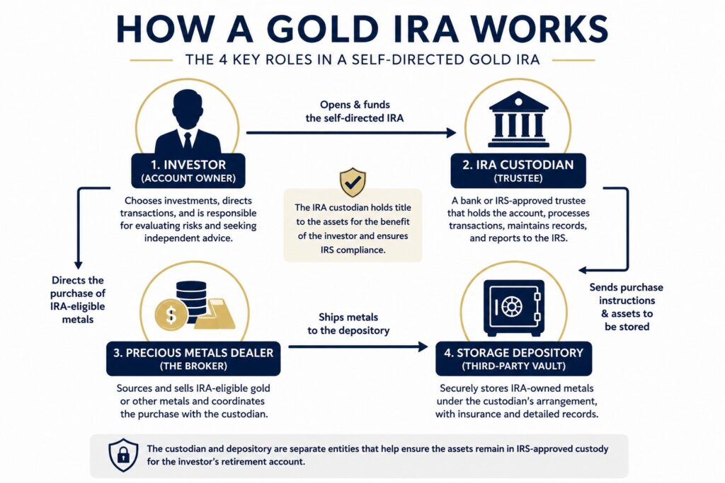 Gold IRA due diligence guide diagram showing the investor, custodian, precious metals dealer, and storage depository