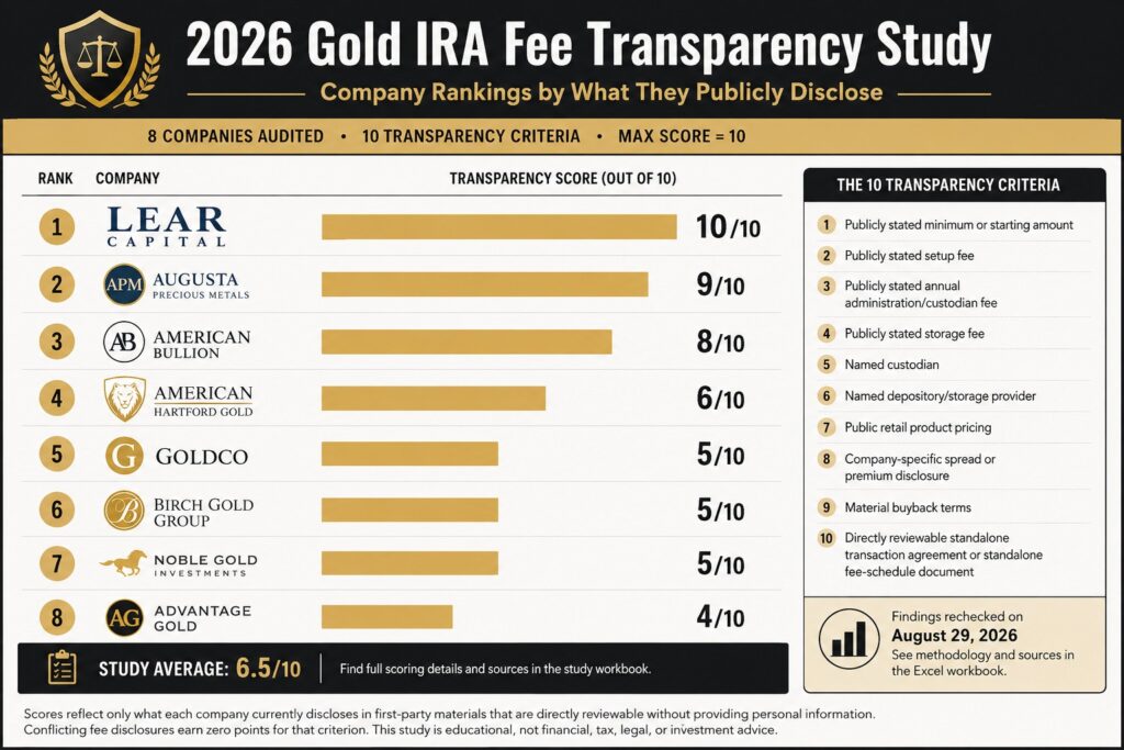 2026 Gold IRA fee transparency study rankings for eight companies